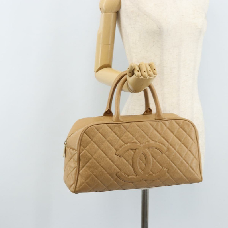 【日本直送】香奈兒 (CHANEL) 絎縫手提包 魚子醬紋牛皮 棕色 金色 CC 標誌 Auth BAZ252A-22