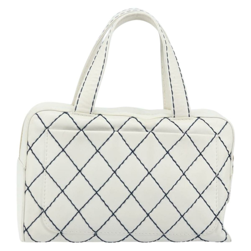 【日本直送】香奈兒 (CHANEL) 野性縫線手提包，白色皮革，金色雙C標誌，BAZ253A-1