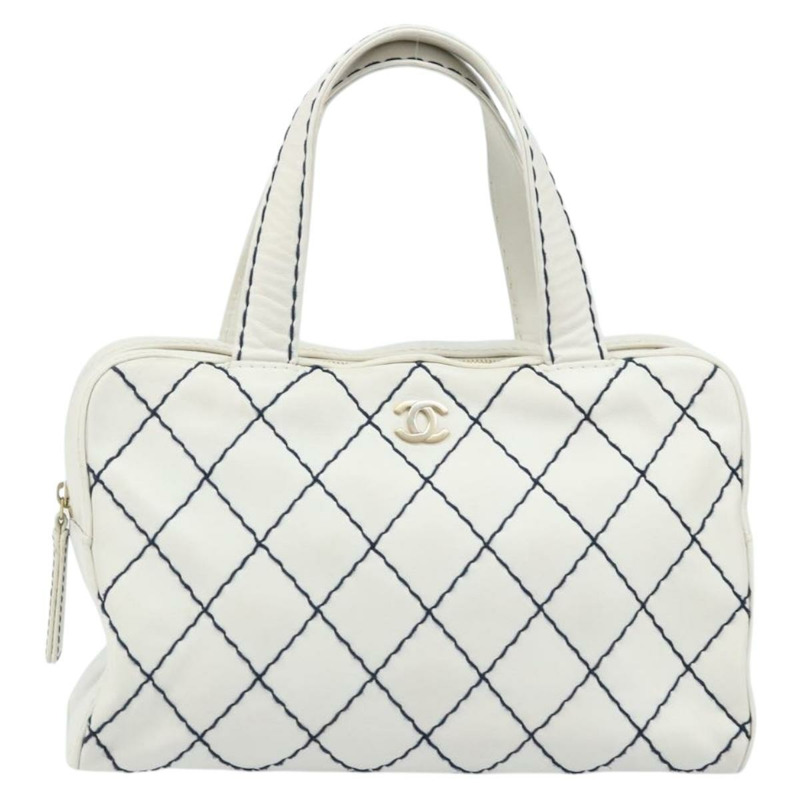【日本直送】香奈兒 (CHANEL) 野性縫線手提包，白色皮革，金色雙C標誌，BAZ253A-12