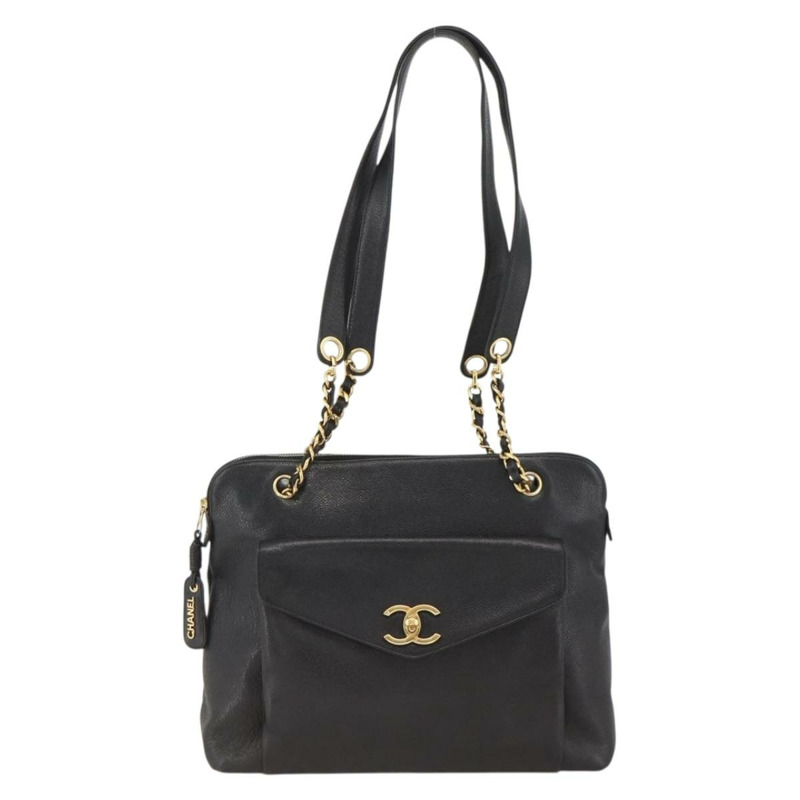 【日本直送】香奈兒 (CHANEL) 菱格紋鏈條托特包，魚子醬紋皮革，黑色，金色雙C標誌，正品 BAZ251A-12