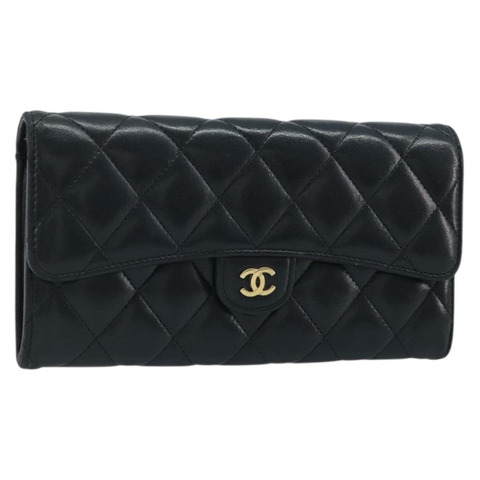 香奈兒 (CHANEL) 絎縫長款錢包，羊皮材質，黑色，金色雙C標誌，BAZ260A