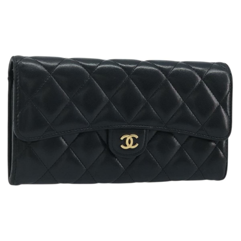 【日本直送】香奈兒 (CHANEL) 絎縫長款錢包,羊皮材質,黑色,金色雙C標誌,BAZ260A-0