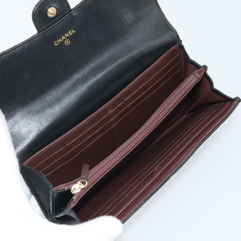 【日本直送】香奈兒 (CHANEL) 絎縫長款錢包,羊皮材質,黑色,金色雙C標誌,BAZ260A-8