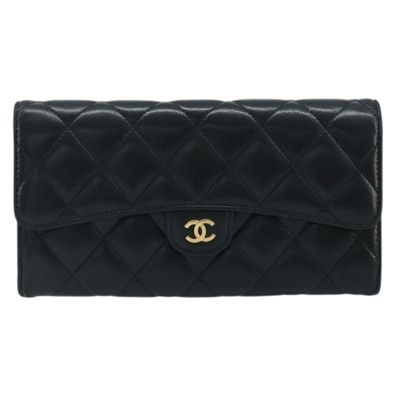 【日本直送】香奈兒 (CHANEL) 絎縫長款錢包,羊皮材質,黑色,金色雙C標誌,BAZ260A-12