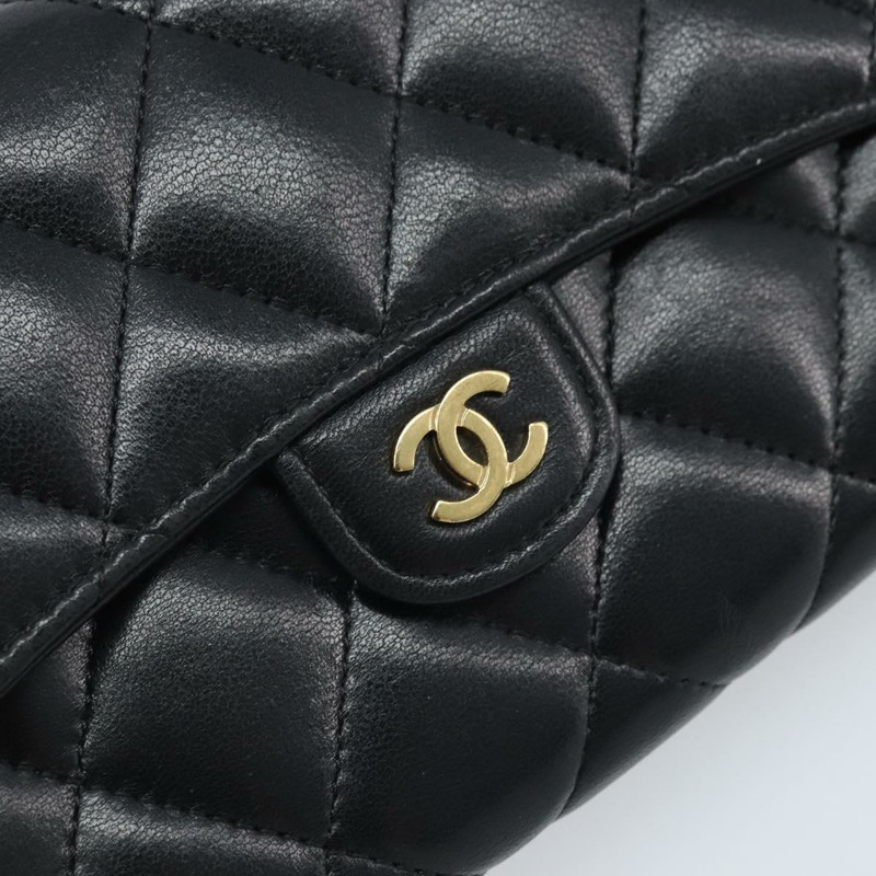 【日本直送】香奈兒 (CHANEL) 絎縫長款錢包,羊皮材質,黑色,金色雙C標誌,BAZ260A-16