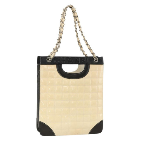 香奈兒 Choco Bar 鏈條肩背包 漆皮 米色 銀色 CC 標誌 正品 BA11764A