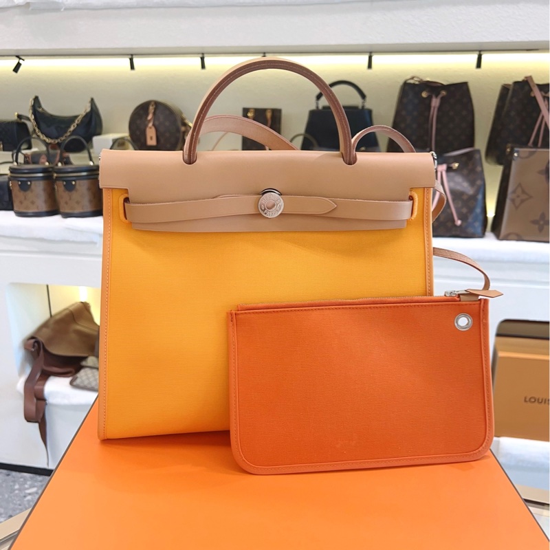 HERMES愛馬仕 帆布拼皮銀扣橙色 herbag31-0
