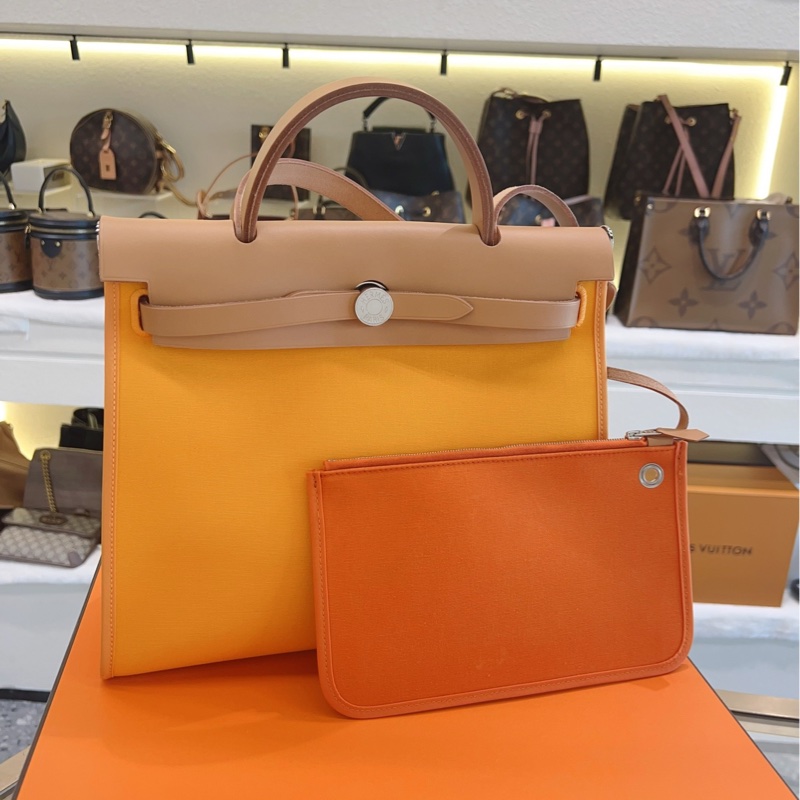 HERMES愛馬仕 帆布拼皮銀扣橙色 herbag31-1
