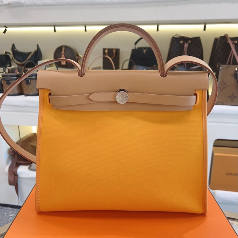 HERMES愛馬仕 帆布拼皮銀扣橙色 herbag31-2