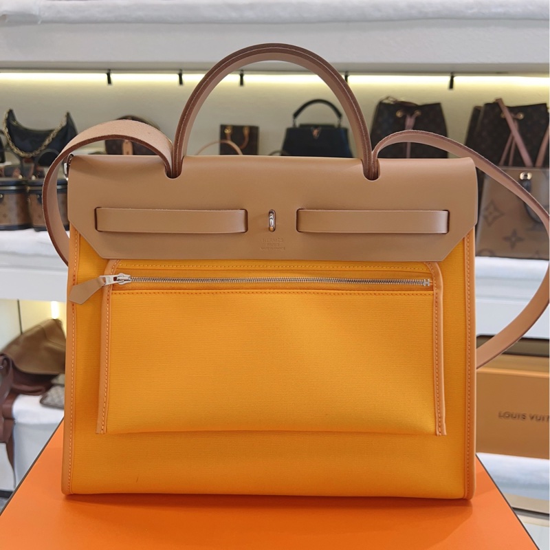 HERMES愛馬仕 帆布拼皮銀扣橙色 herbag31-3