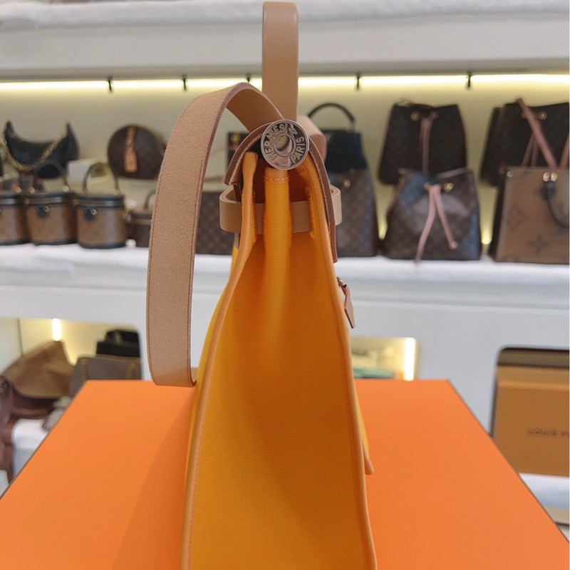 HERMES愛馬仕 帆布拼皮銀扣橙色 herbag31-4