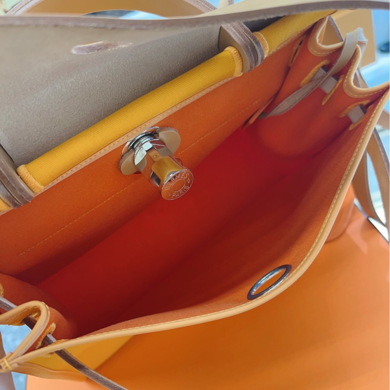 HERMES愛馬仕 帆布拼皮銀扣橙色 herbag31-6