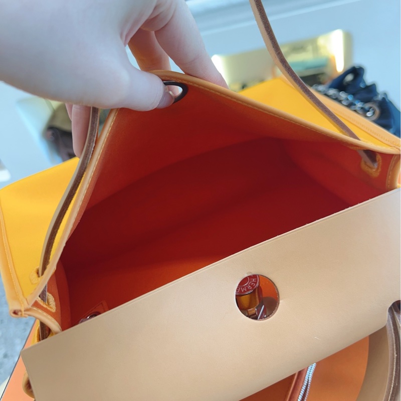 HERMES愛馬仕 帆布拼皮銀扣橙色 herbag31-8