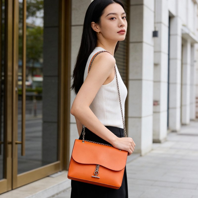 Hermes catenina豬鼻鏈信封包橙色 銀扣21*17*2 99新配件塵袋-0