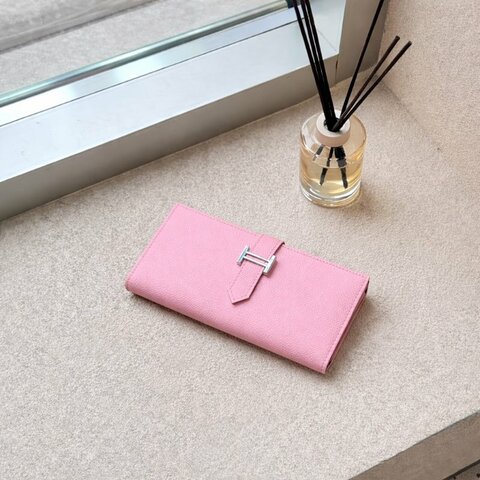 HERMES- 櫻花粉1Q銀釦Bearn Epsom長夾