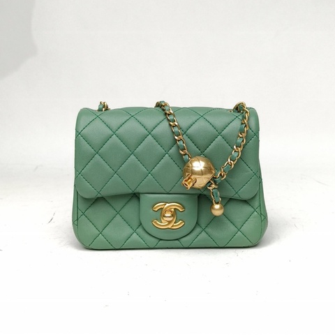CHANEL CF口蓋包方胖子綠色羊皮晶片開金扣金球調節扣