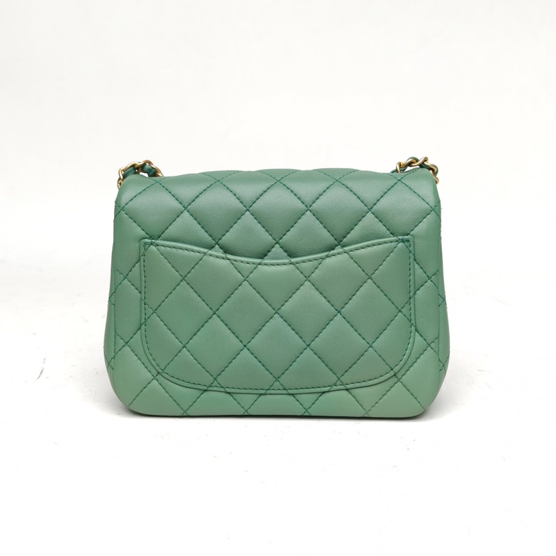 CHANEL CF口蓋包方胖子綠色羊皮晶片開金扣金球調節扣-2
