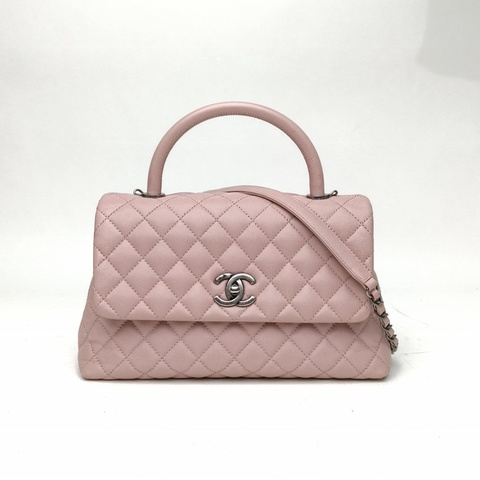 CHANEL CocoHandle中號粉色荔枝牛皮23開銀扣