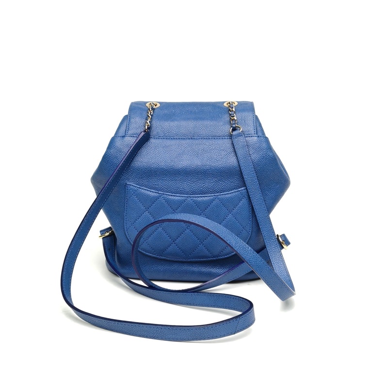 CHANEL 藍色荔枝牛皮24開琺瑯扣雙肩包-2