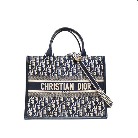 DIOR BookTote中號新款附肩帶藍色帆布金扣2023
