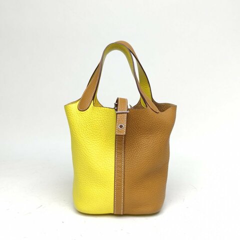 HERMES Picotin菜籃子18芝麻色拼檸檬黃TC皮Y刻銀扣肩背包