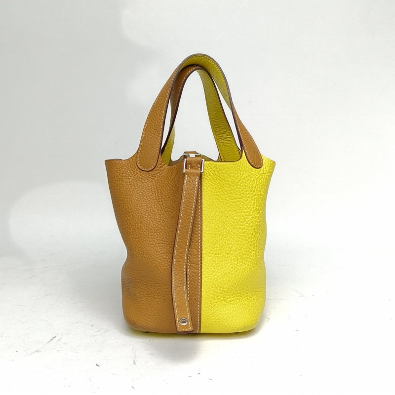 HERMES Picotin菜籃子18芝麻色拼檸檬黃TC皮Y刻銀扣肩背包-2