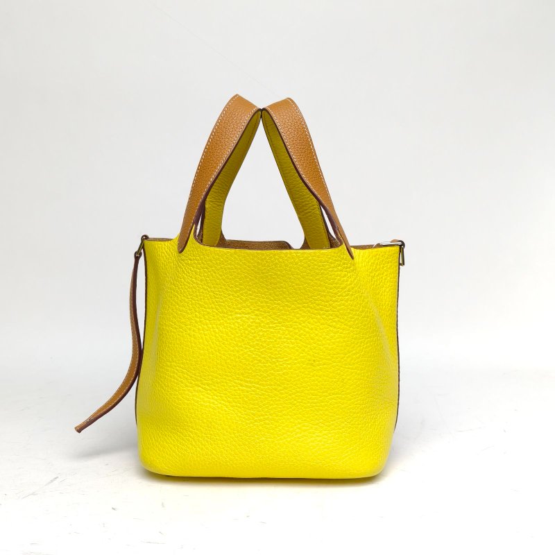 HERMES Picotin菜籃子18芝麻色拼檸檬黃TC皮Y刻銀扣肩背包-3