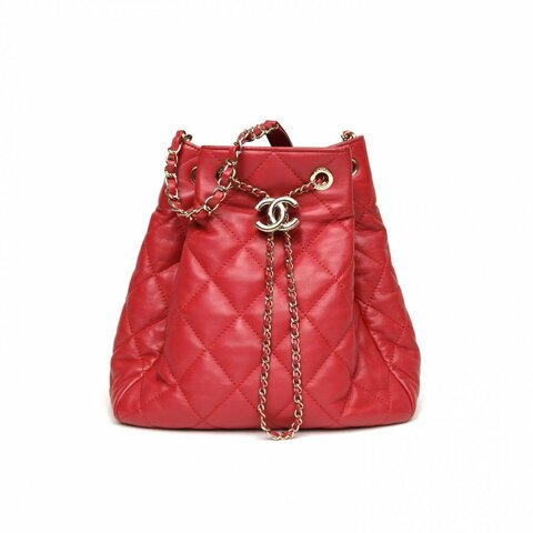 CHANEL 紅色牛皮29開金扣抽繩水桶包肩背包