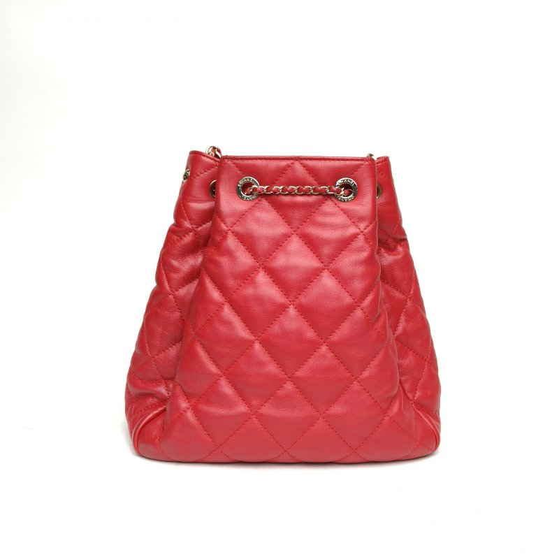 CHANEL 紅色牛皮29開金扣抽繩水桶包肩背包-2