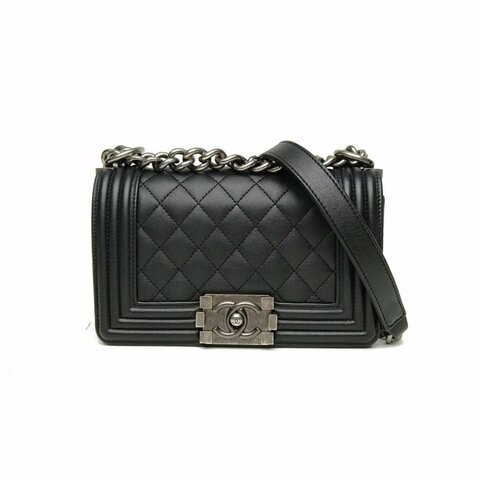 CHANEL Leboy小號黑色牛皮26開銀扣菱格紋肩背包