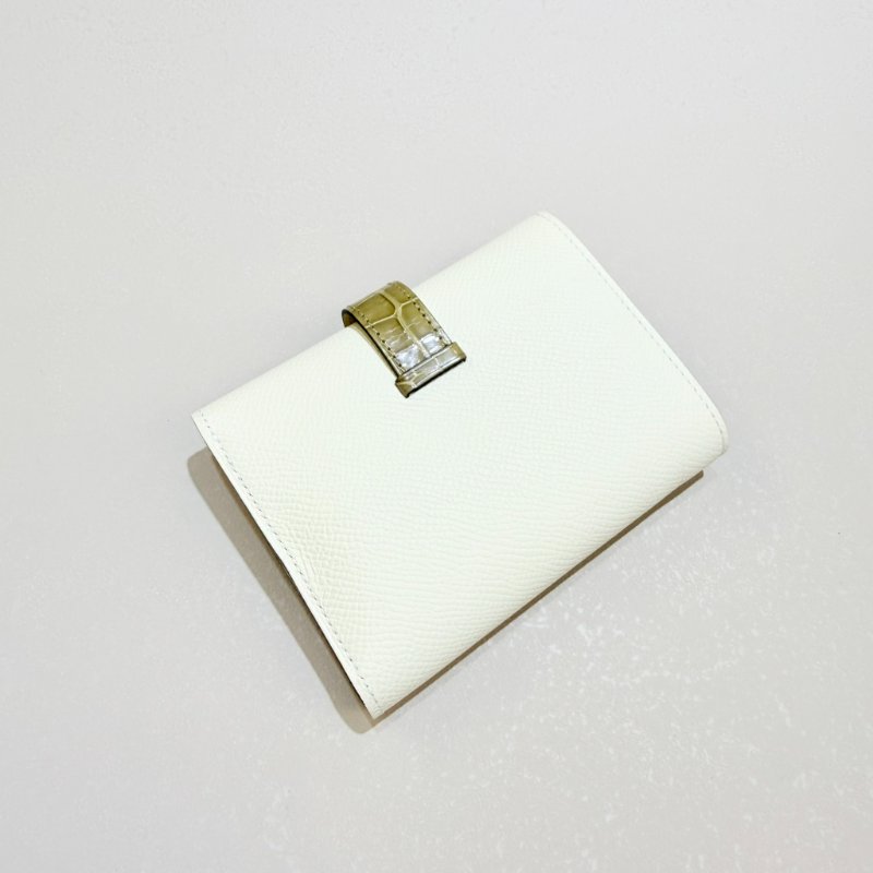 HERMES- Nata奶油白拚淺褐亮面鱷魚皮銀釦Bearn Epsom三折短夾-3