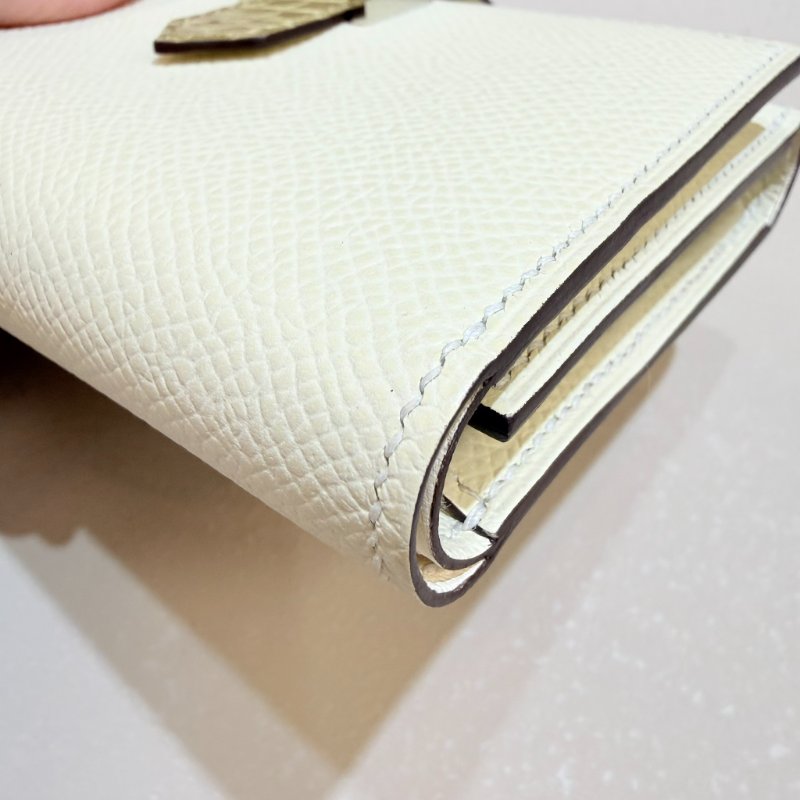 HERMES- Nata奶油白拚淺褐亮面鱷魚皮銀釦Bearn Epsom三折短夾-7