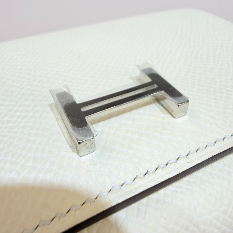 HERMES- Nata奶油白拚淺褐亮面鱷魚皮銀釦Bearn Epsom三折短夾-19