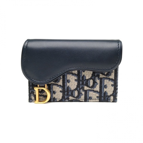 DIOR 墨藍色牛皮帆布2024Saddle拼皮馬鞍卡包