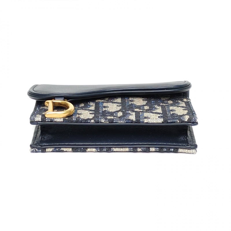 DIOR 墨藍色牛皮帆布2024Saddle拼皮馬鞍卡包-3