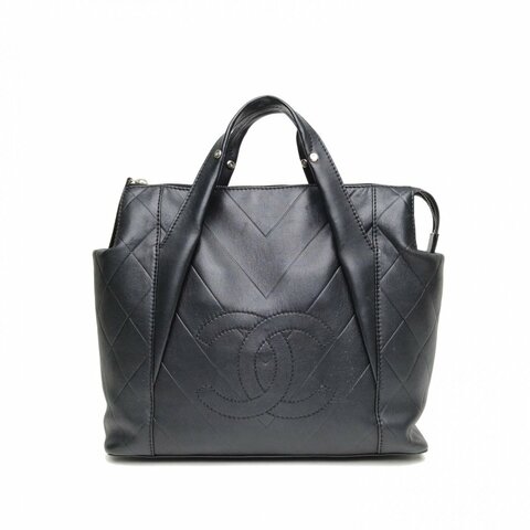 CHANEL 黑色牛皮10開銀扣中古手提托特包肩背包
