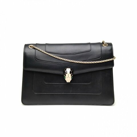 BVLGARI SerpentiForever風琴蛇頭包橫版黑色牛皮肩背包