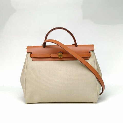 HERMES Herbag31黃褐色帆布/Hunter牛皮Z刻金扣肩背包