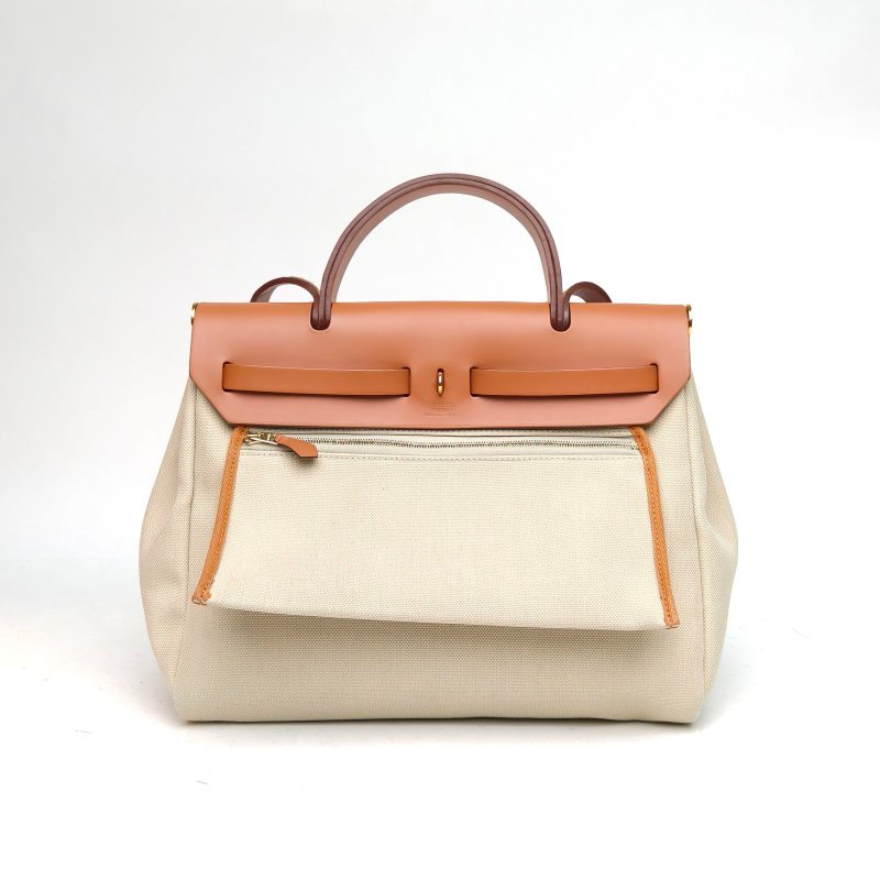 HERMES Herbag31黃褐色帆布/Hunter牛皮Z刻金扣肩背包-2