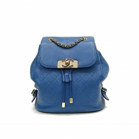 CHANEL 藍色荔枝牛皮24開琺瑯扣雙肩包肩背包