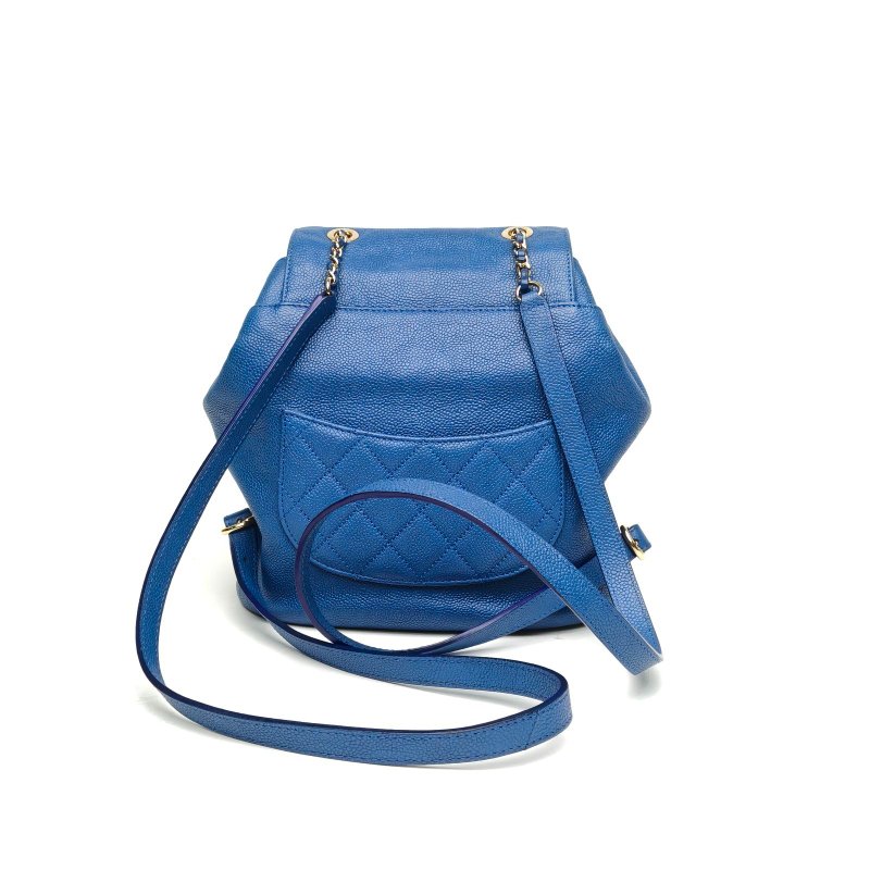 CHANEL 藍色荔枝牛皮24開琺瑯扣雙肩包肩背包-2