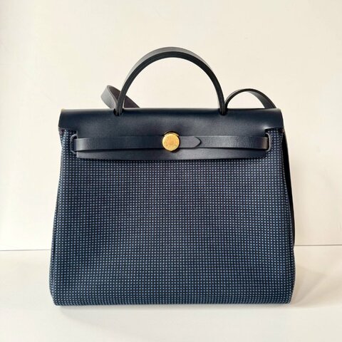 HERMES Herbag 31 稀有 華夫格藍 金釦 皮革 帆布 Black Noir 斜背包