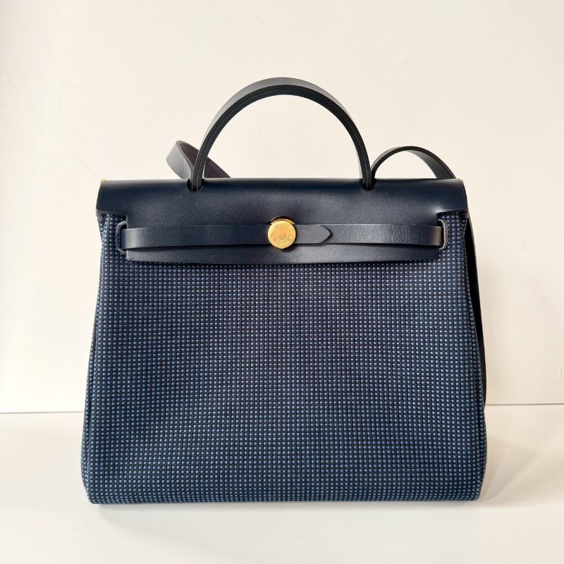 HERMES Herbag 31 稀有 華夫格藍 金釦 皮革 帆布 Black Noir 斜背包-0