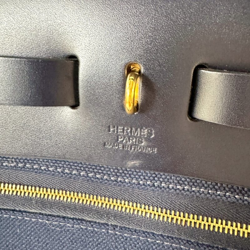 HERMES Herbag 31 稀有 華夫格藍 金釦 皮革 帆布 Black Noir 斜背包-3