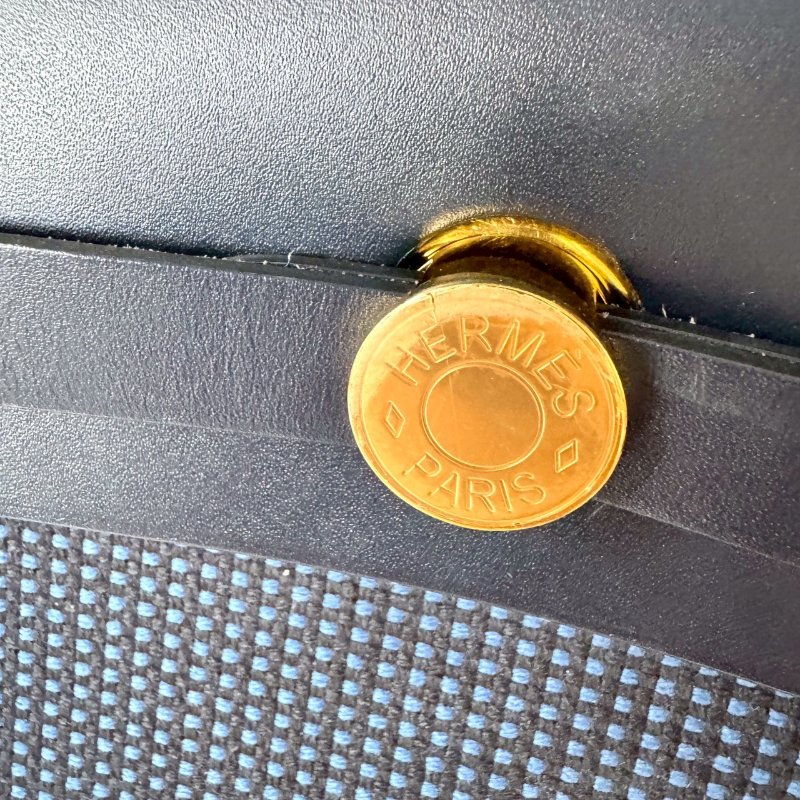 HERMES Herbag 31 稀有 華夫格藍 金釦 皮革 帆布 Black Noir 斜背包-6