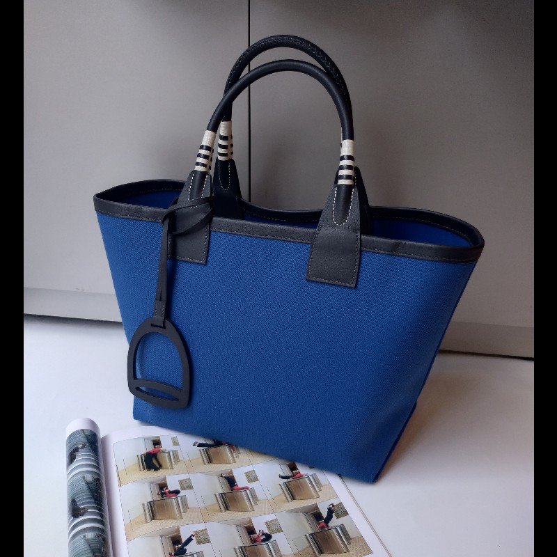 Hermes 黑把藍布身托特包 steeple 25-0