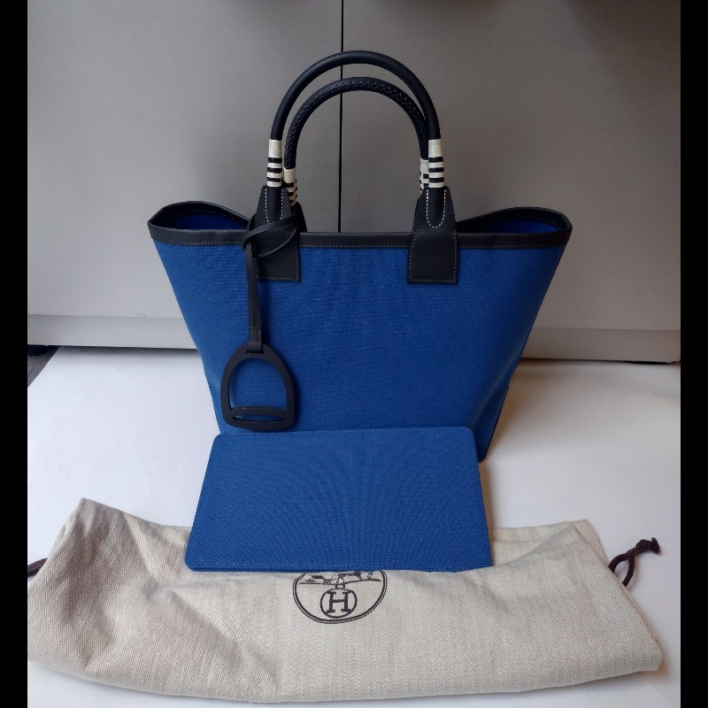 Hermes 黑把藍布身托特包 steeple 25-3