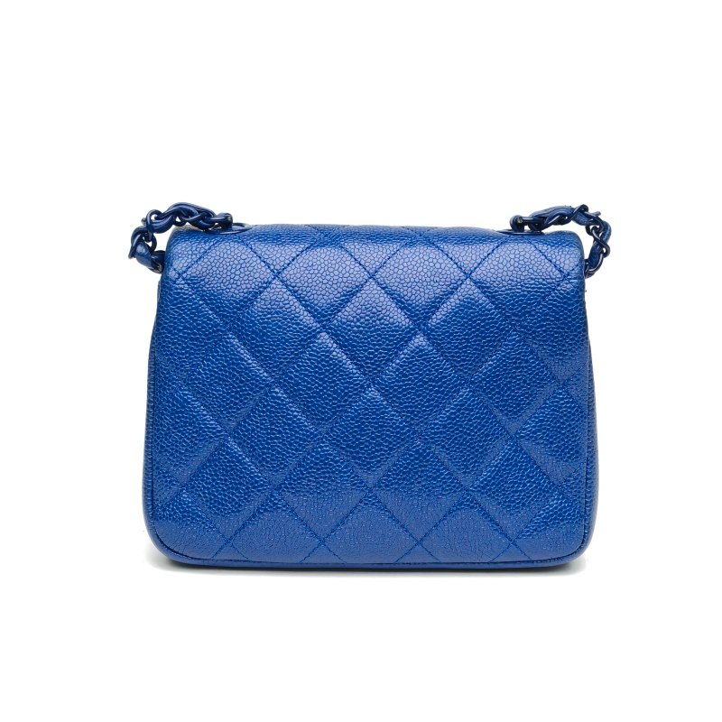 CHANEL CF口蓋包方胖子藍色荔枝牛皮29開藍扣肩背包-2