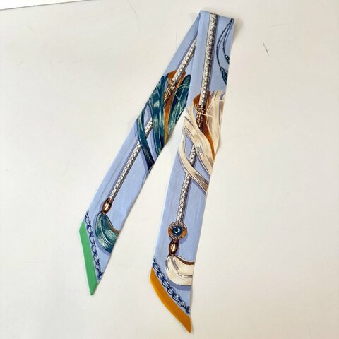 HERMES Cavalcades Twilly 絲巾 淺藍色 真絲 馬術器具目錄