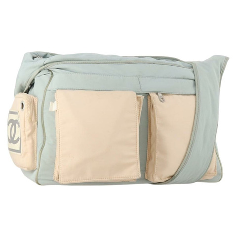 香奈兒 Chanel 運動肩背包 尼龍 淺藍色 銀色 CC 標誌 Auth YKZ358A